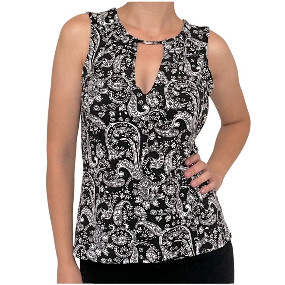 Express Black and White Sleeveless Paisley Print Keyhole Top XSmall